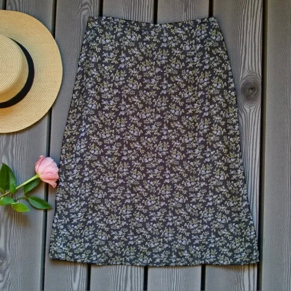 Vintage L.L.Bean Floral A-Line Midi Skirt Blue Rayon Lined Size 10 Regular - Picture 5 of 5